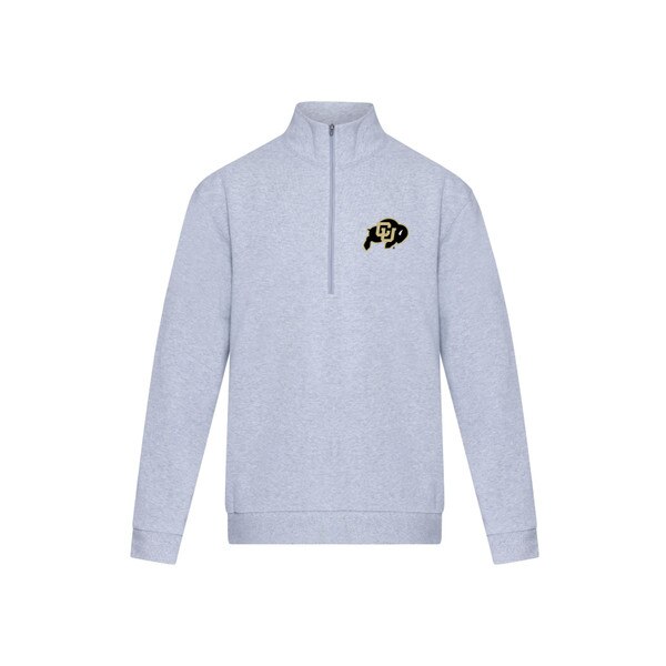 A gray half zip sweatshirt with the CU Buffalo logo on the left chest.